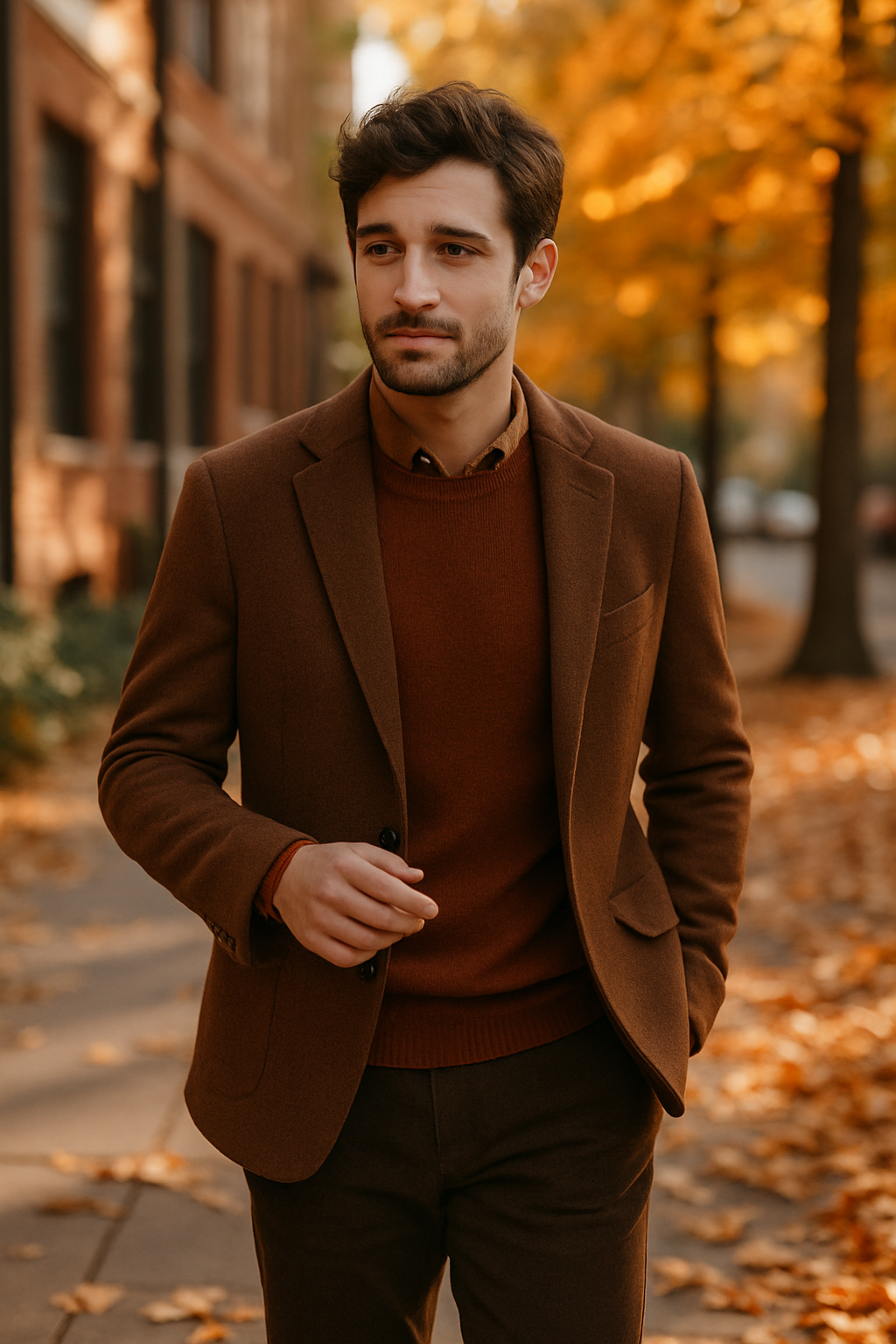 A man in a brown outfit walking on a fall day with yellow leaves in the background.