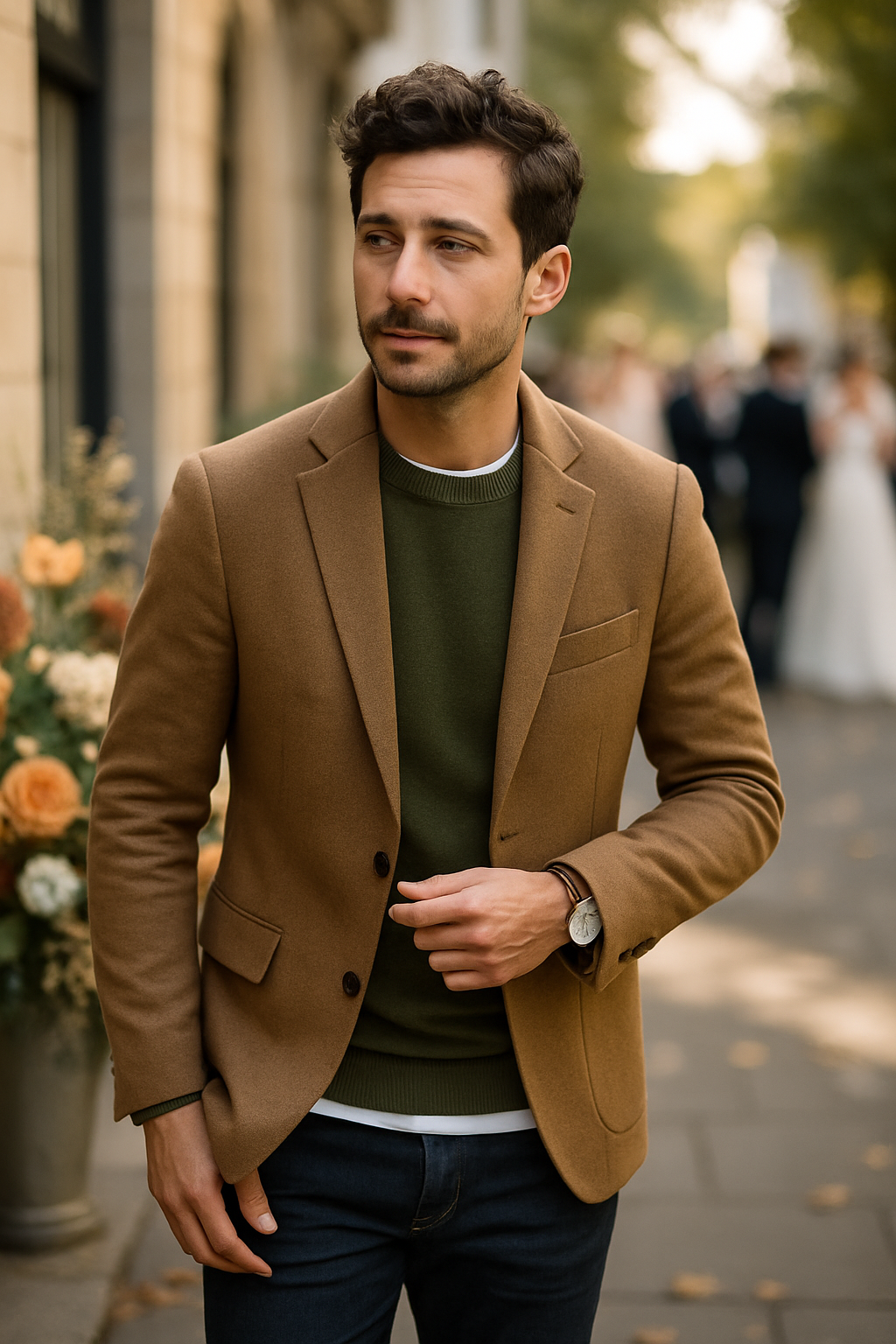 A man wearing a warm brown blazer and a green sweater, standing outdoors.