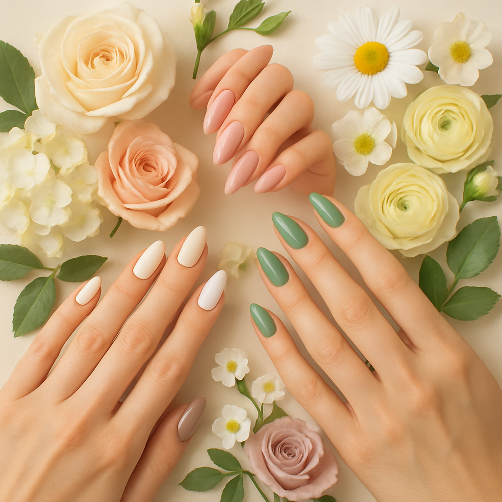 Nail designs in seasonal colors surrounded by flowers