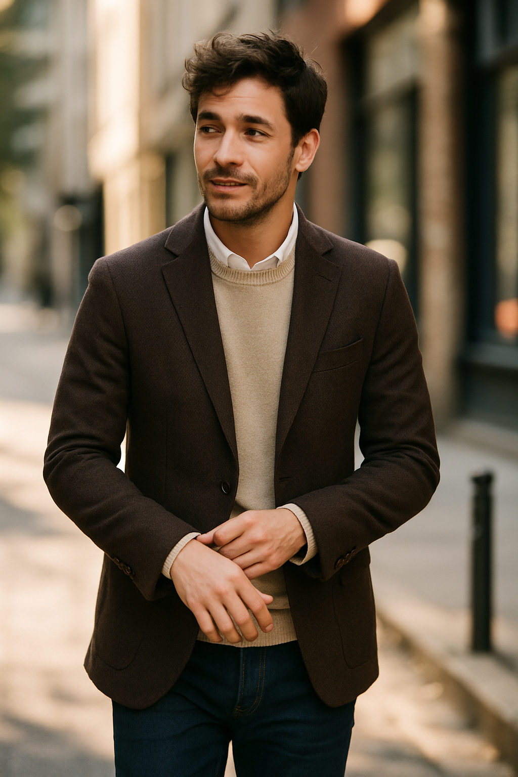 A man in a brown blazer and beige sweater, standing outdoors.