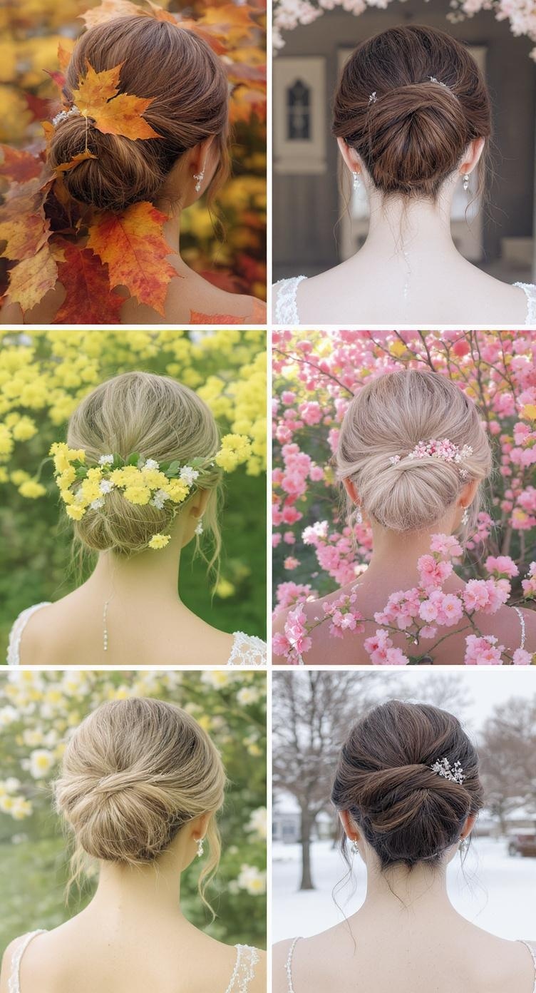 A collage of messy bun hairstyles for bridesmaids, featuring seasonal elements like flowers and leaves.
