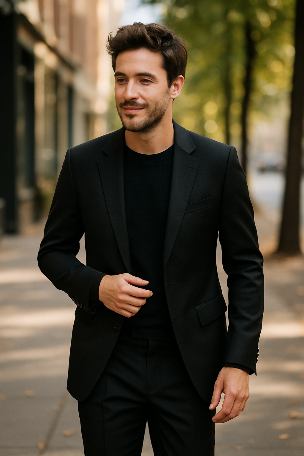 A man in a black suit walking confidently on a city street.