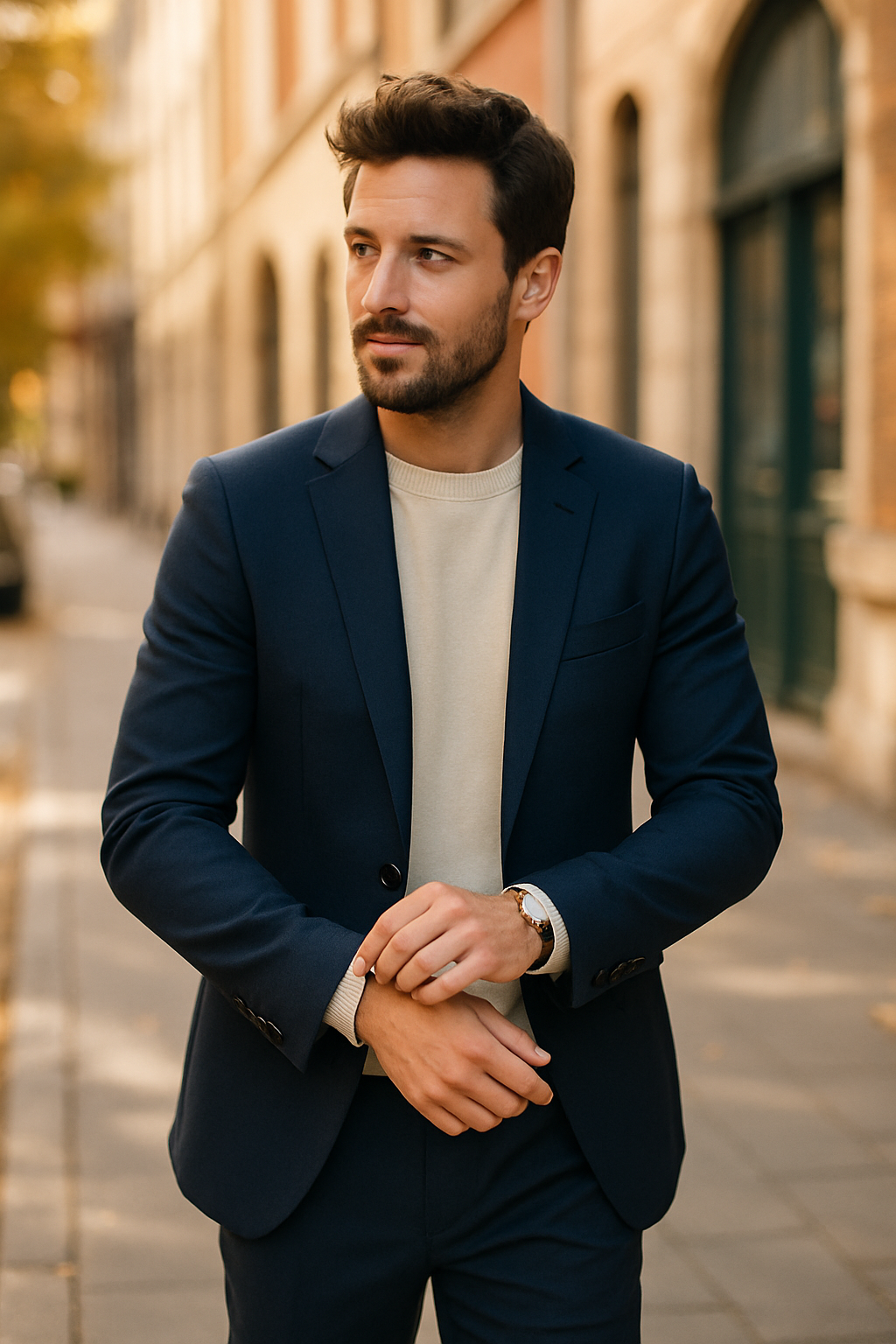 A man in a navy blue suit walking on a city street, wearing a light sweater underneath and looking stylish.