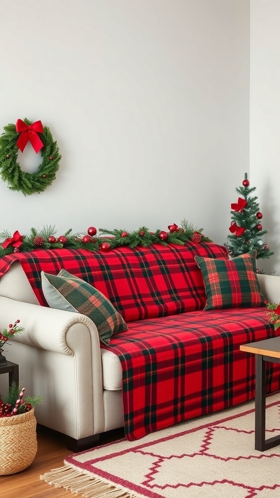 A cozy couch with a red and black plaid slipcover, decorated for Christmas with a wreath and a small tree.