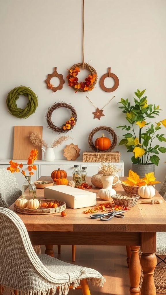 A cozy autumn-themed room with wreaths, pumpkins, and fall decorations on a wooden table.