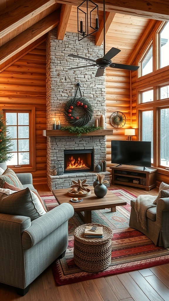 Cozy cabin living room with a stone fireplace, festive wreath, and warm decor accents.