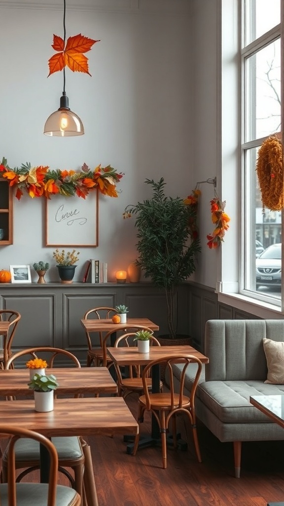 A cozy cafe decorated for fall with autumn leaves, pumpkins, and warm lighting.