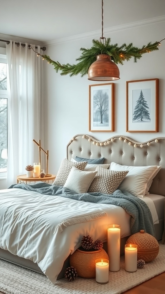 A cozy winter bedroom with layered bedding, decorative pillows, hanging greenery, and candles.
