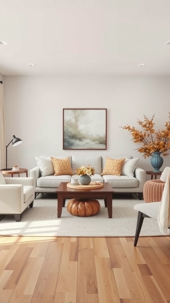 A cozy neutral living room decorated for autumn with a pumpkin centerpiece and warm throw pillows.