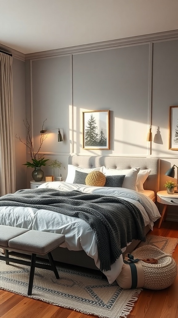 A cozy grey bedroom with soft lighting, featuring a bed with grey and white bedding, a small bench, and decorative elements.