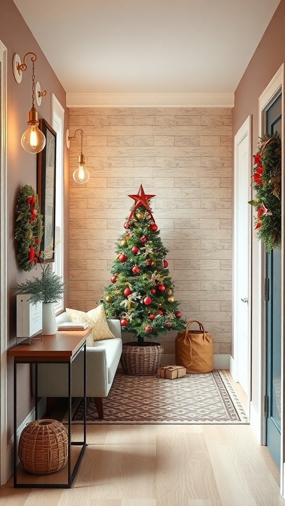 A cozy hallway decorated for Christmas with a tree, wreaths, and warm lighting.