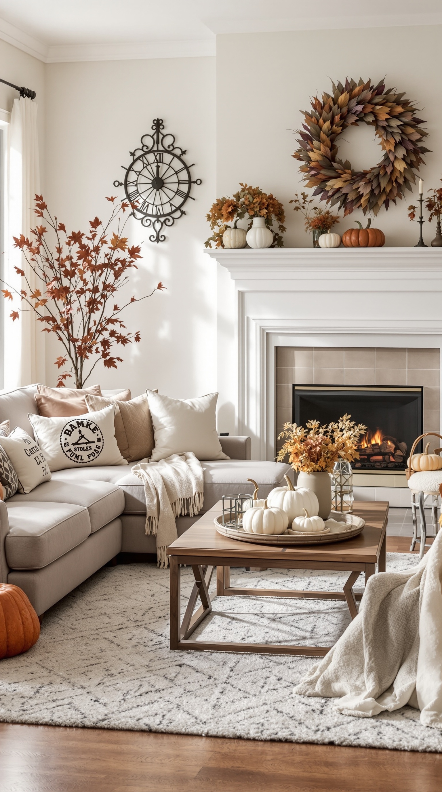Cozy family room decorated for autumn with pumpkins, leaves, and warm colors.