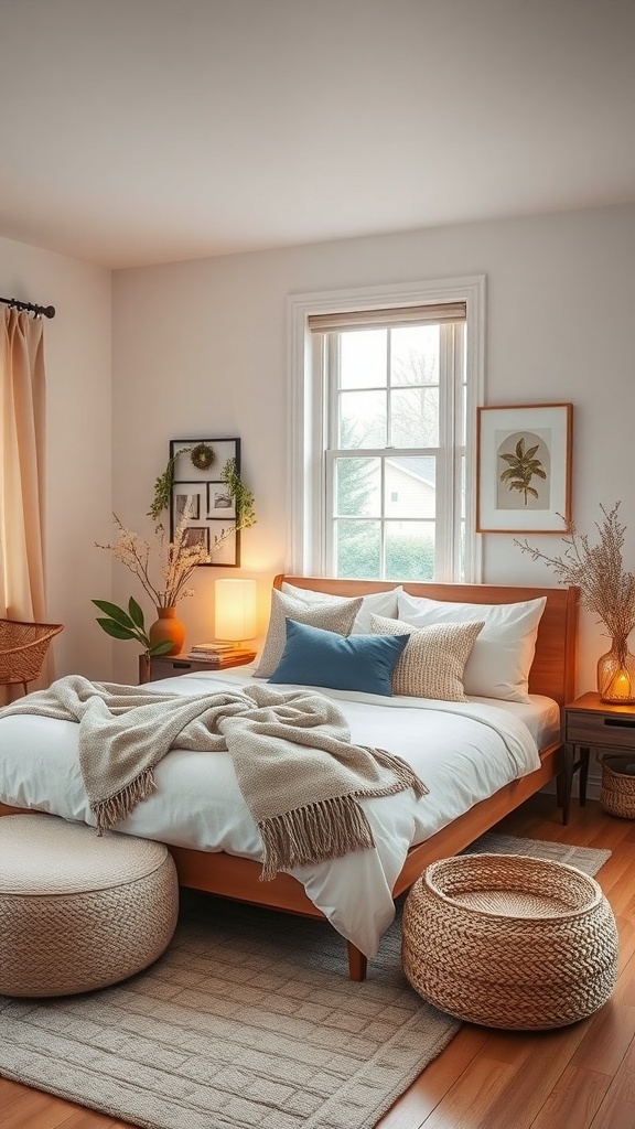 A cozy cottage bedroom with a bed, warm lighting, and seasonal decor elements.