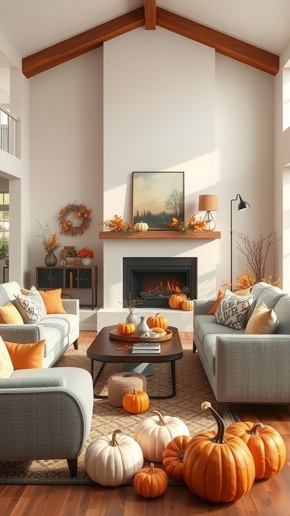 A cozy living room decorated for fall with pumpkins and autumn-themed decor.