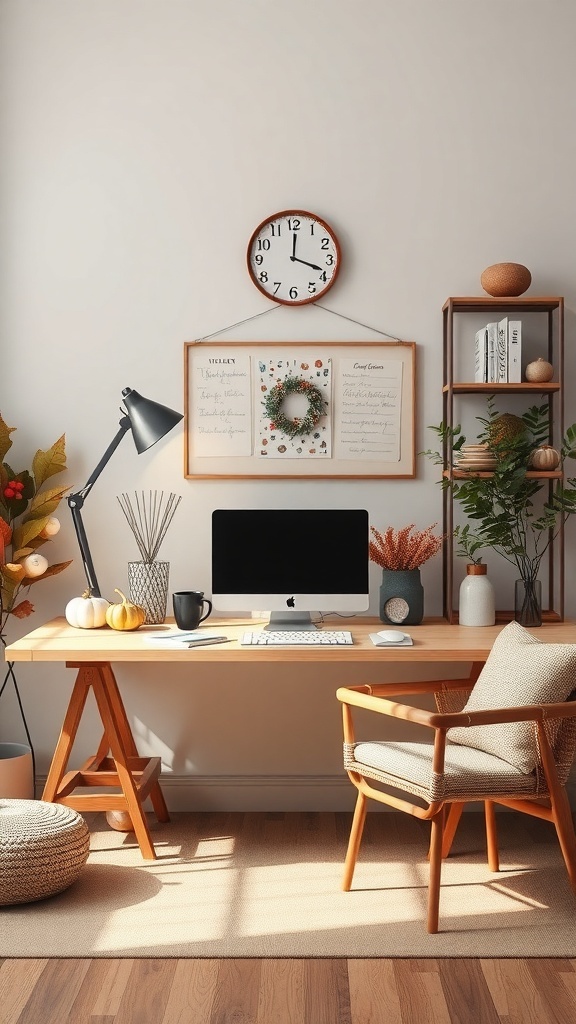 A cozy desk setup with autumn decor, featuring pumpkins, plants, and framed art.