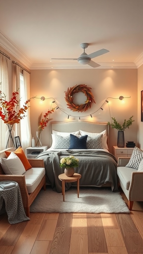 A cozy romantic bedroom with seasonal decor, featuring a wreath, warm colors, and fresh flowers.
