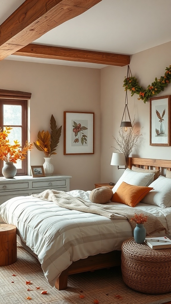 A rustic bedroom with wooden beams, a cozy bed, and seasonal autumn decor.