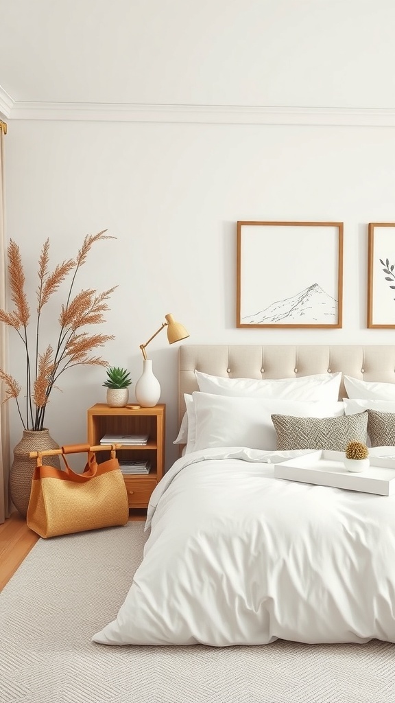 A minimalist bedroom with neutral tones, featuring a bed with white bedding, decorative pillows, a small nightstand, and a plant.