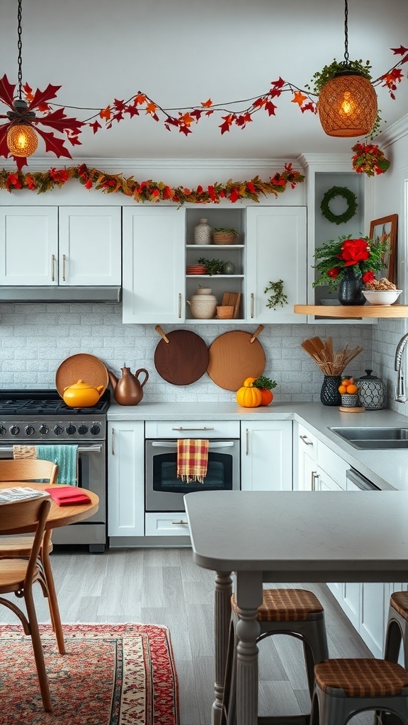 A colorful kitchen decorated for autumn with pumpkins, leaves, and warm lighting.