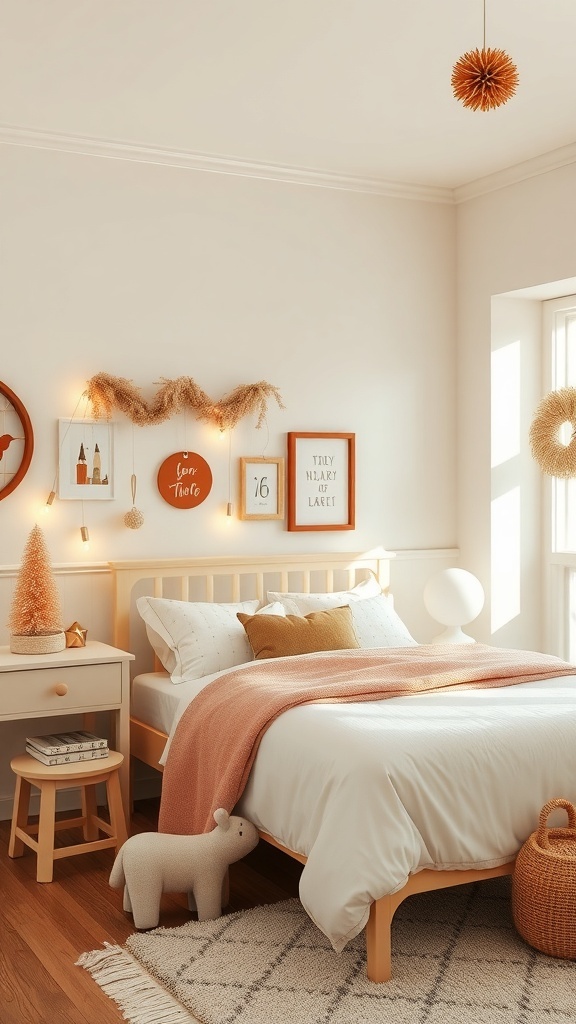 A cozy kids bedroom with seasonal decor, featuring a small tree, soft bedding, and playful wall art.