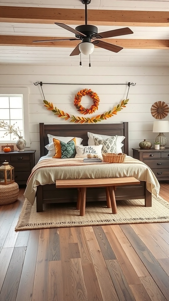 A rustic farmhouse bedroom decorated for autumn with warm colors, a wreath, and cozy bedding.