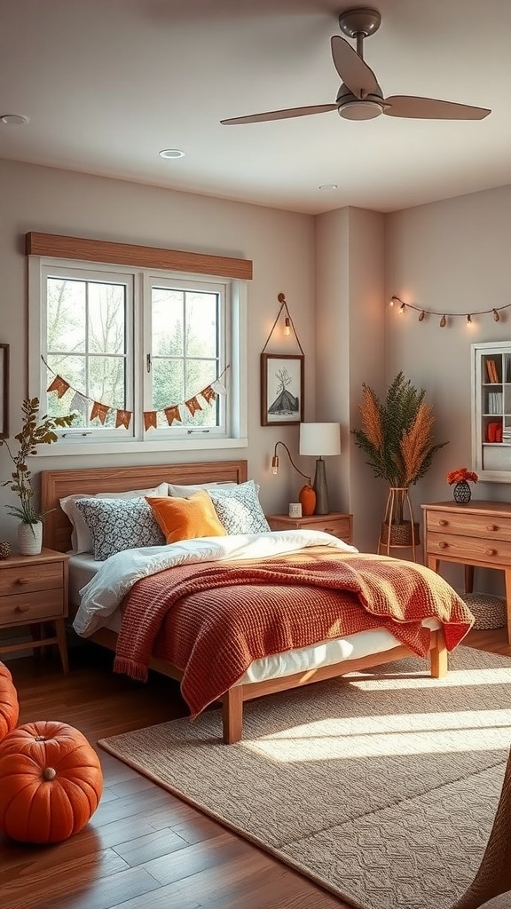 A cozy teen bedroom decorated for fall with orange accents, pumpkins, and warm lighting.