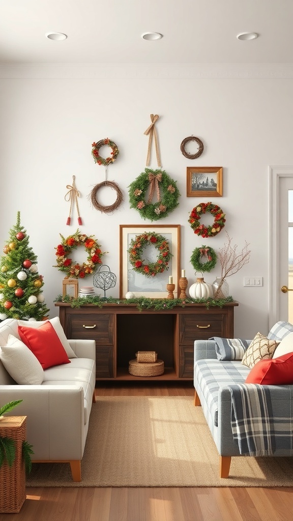 A cozy living room decorated for the holiday season with various wreaths on the wall and a Christmas tree.