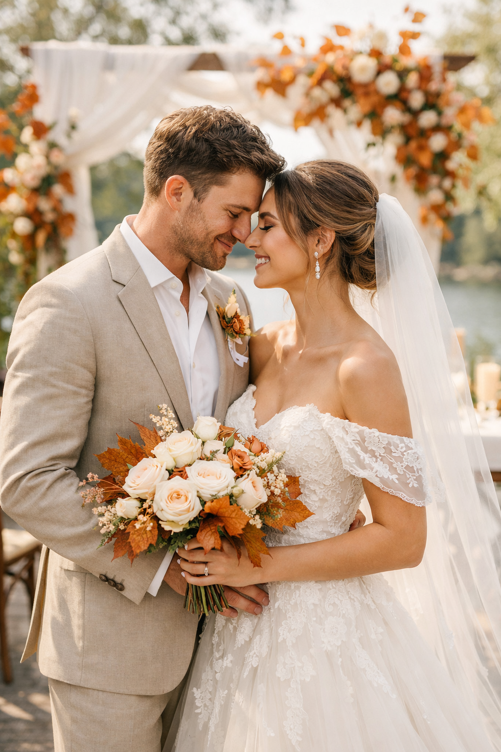 A couple sharing a romantic moment at a wedding, surrounded by seasonal decor elements.