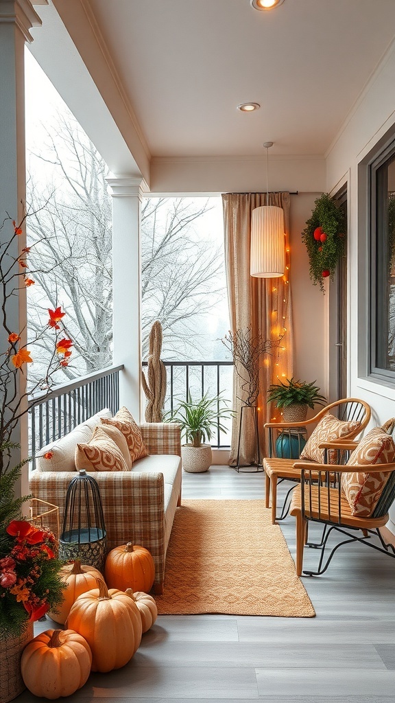 Cozy balcony decorated for autumn with pumpkins, plants, and soft lighting.