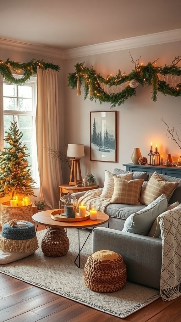Cozy Scandinavian living room with seasonal decor, featuring a gray sofa, Christmas tree, candles, and greenery.