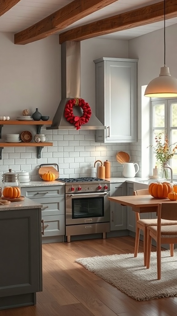 A cozy kitchen decorated for autumn with pumpkins and a wreath.