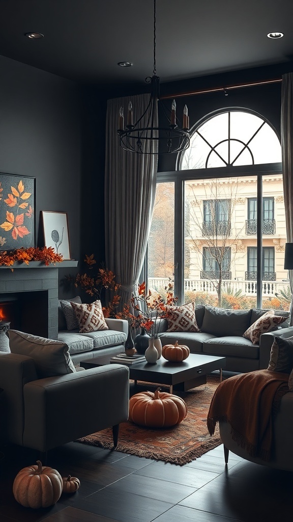 A cozy dark living room decorated for fall with pumpkins, warm textiles, and autumn leaves.