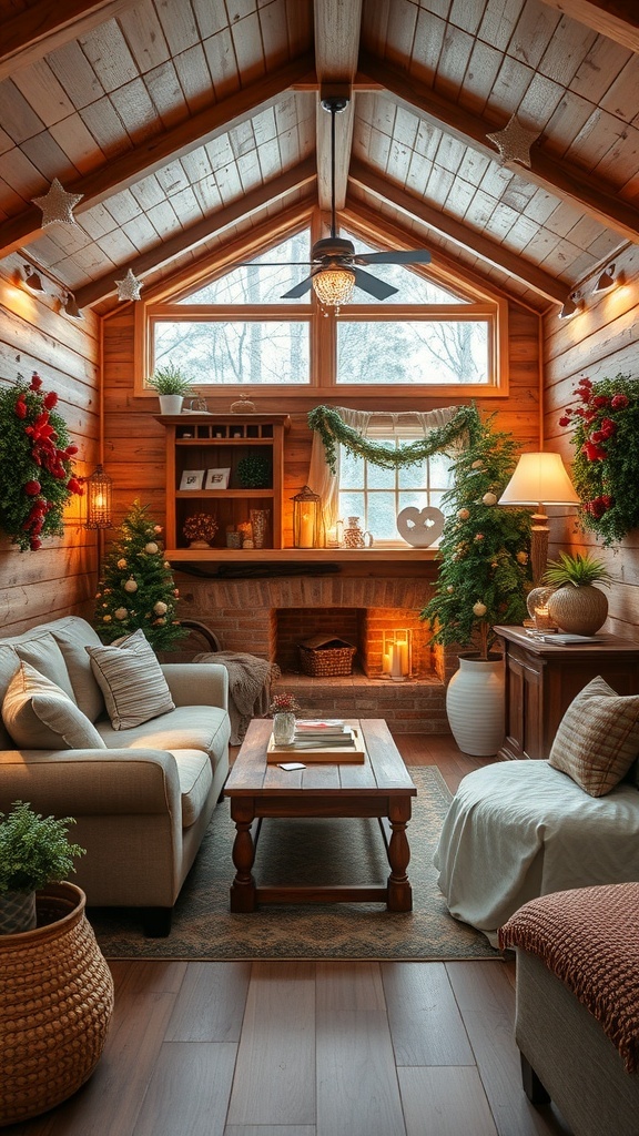 Cozy small cabin interior decorated for the season with greenery, soft lighting, and rustic furniture.