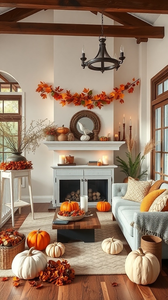 Cozy living room decorated for fall with pumpkins, leaves, and warm lighting.