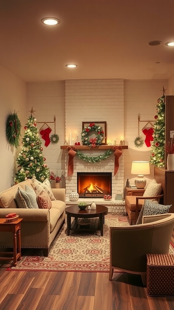 Cozy basement decorated for the holidays with Christmas trees, a fireplace, and festive decor.