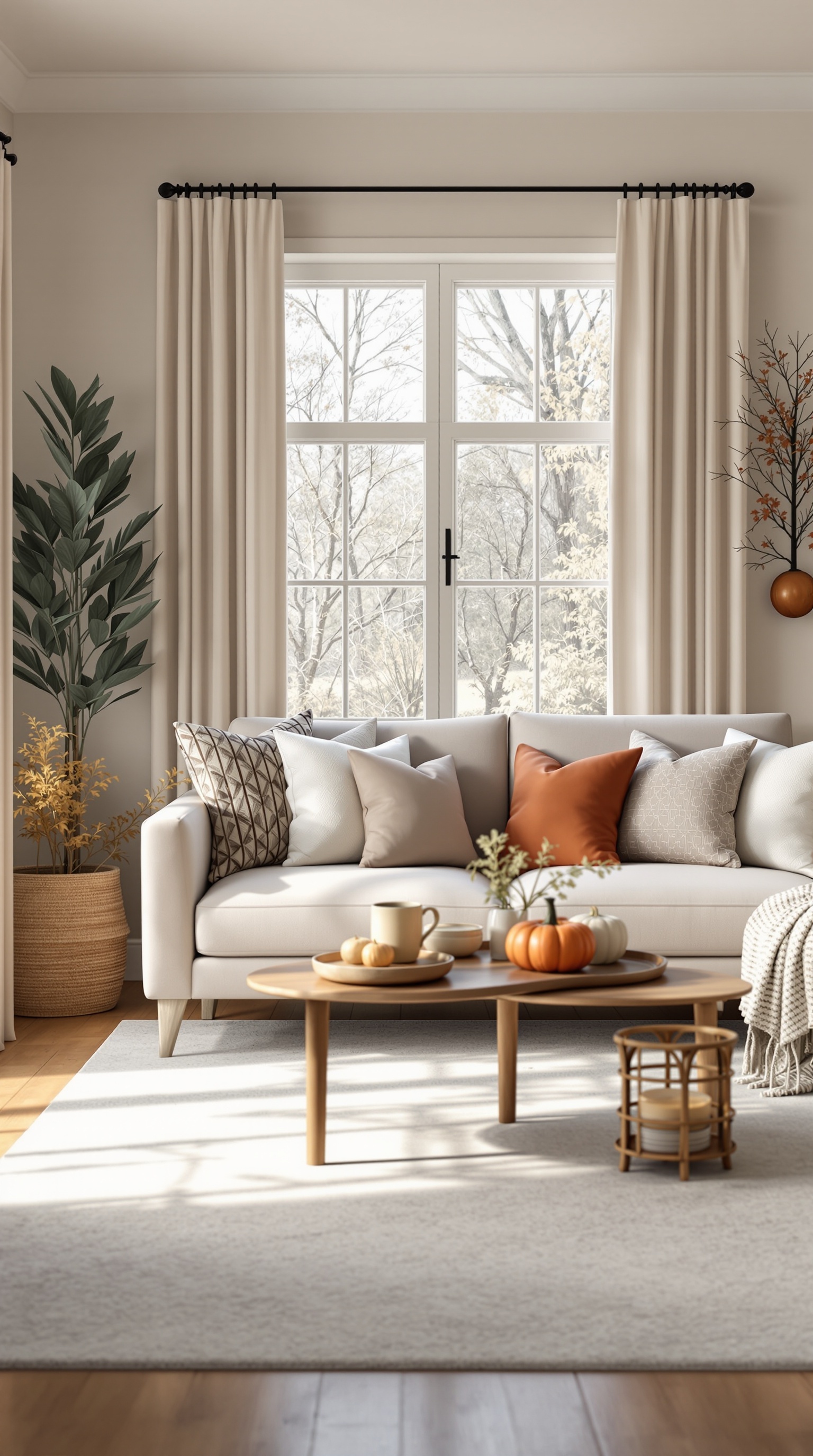A cozy family room with a light sofa, seasonal decor including pumpkins, and a plant.