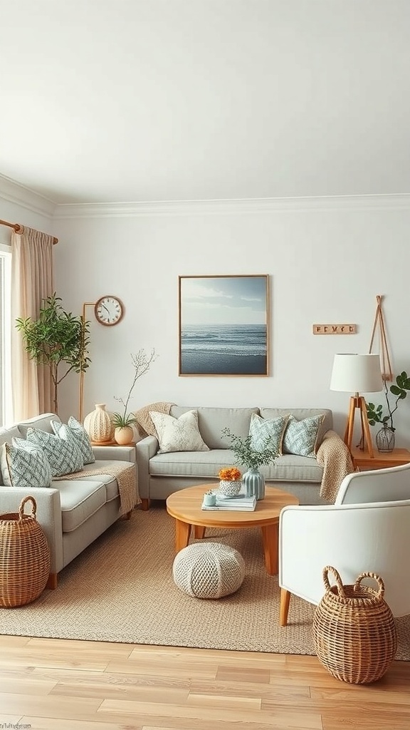 Cozy coastal living room with soft colors, natural textures, and seasonal decor elements.