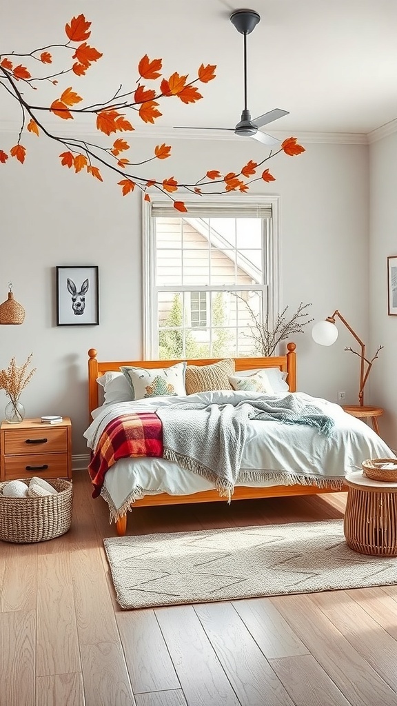 A cozy teen bedroom decorated for autumn with orange leaves, a plaid throw, and natural elements.