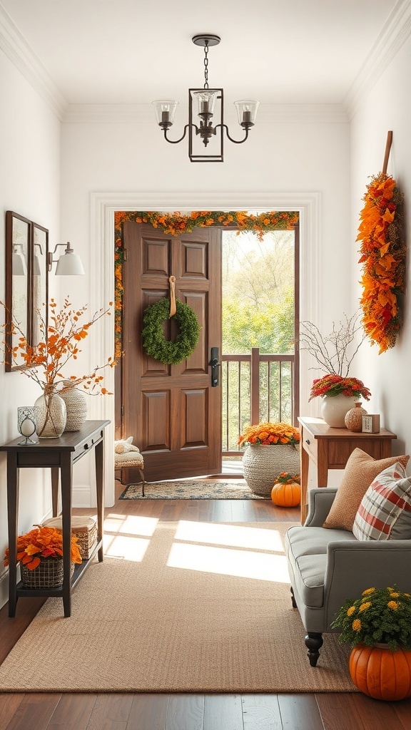 A cozy entryway decorated for autumn with pumpkins, foliage, and a welcoming wreath.