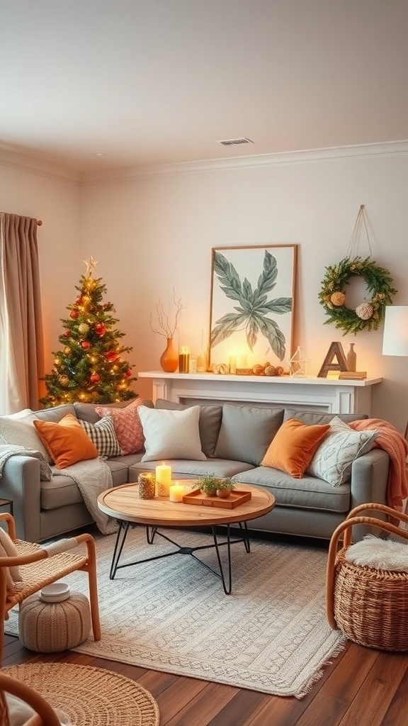 Cozy cottage living room decorated for the season with a Christmas tree, candles, and warm pillows.