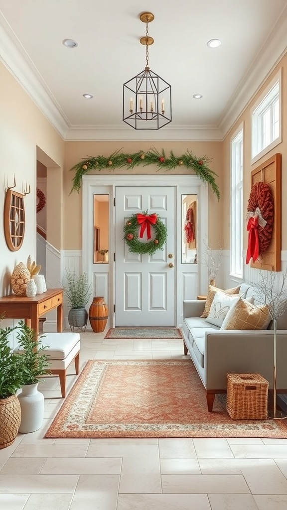 A beautifully decorated foyer with seasonal decor including a wreath, garland, and cozy seating.