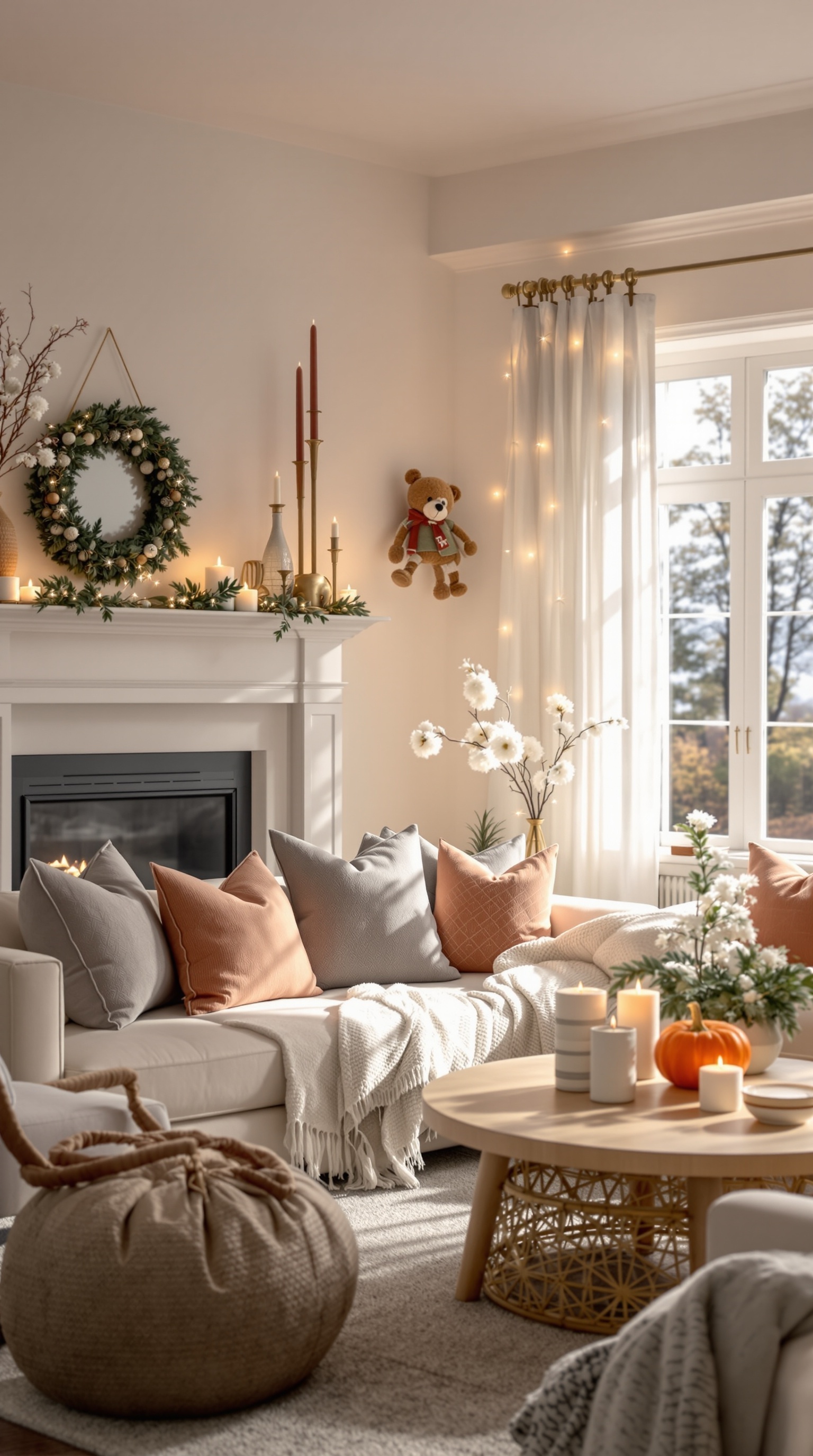 A cozy living room decorated for the season with soft pillows, a teddy bear, and a pumpkin on the coffee table.