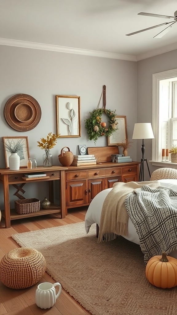 A vintage farmhouse bedroom featuring a cozy bed, wooden furniture, seasonal decor including a pumpkin and a wreath, and a warm color palette.