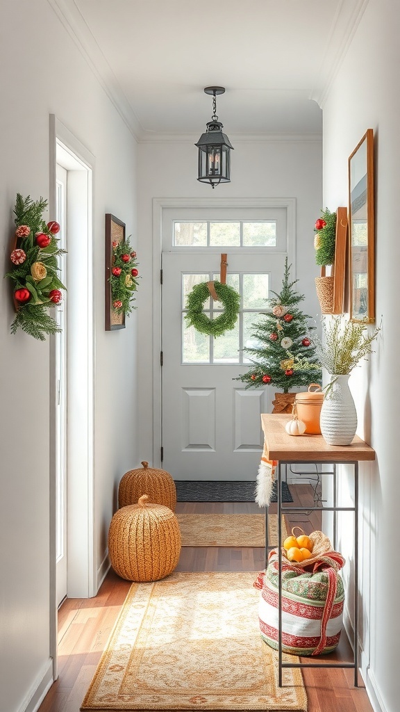 A bright hallway decorated for the season with wreaths, a small tree, and a console table.