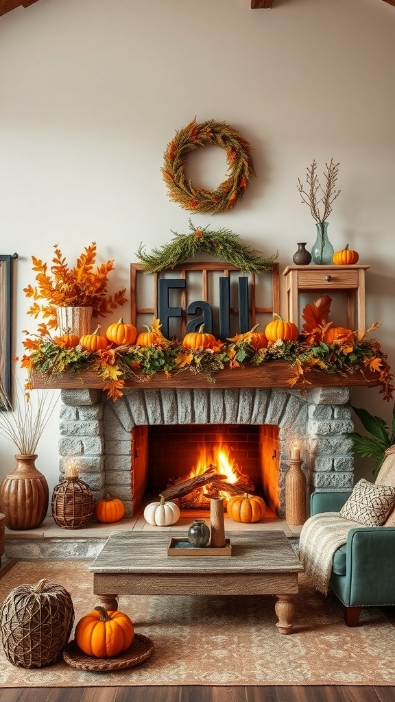 A rustic fireplace mantel decorated for fall with pumpkins, leaves, and a wreath.