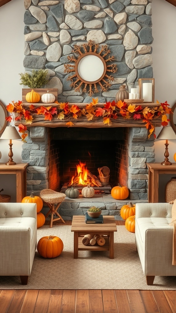 A cozy living room featuring a rustic stone fireplace decorated for autumn with pumpkins and fall leaves.