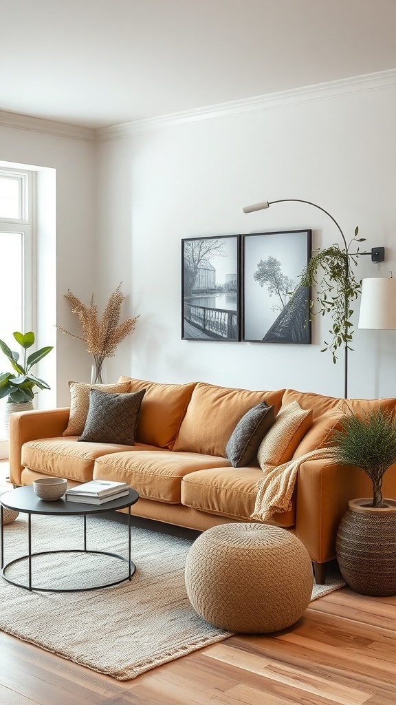A cozy living room featuring a tan couch, decorative pillows, a coffee table, and seasonal decor elements.
