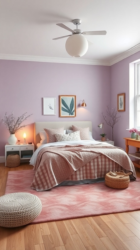 A cozy lilac bedroom featuring a bed with patterned bedding, a soft rug, and decorative elements.