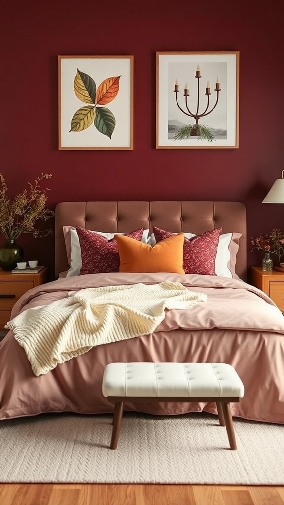 A cozy maroon bedroom featuring a plush bed with decorative pillows, framed artwork on the walls, and a soft throw blanket.