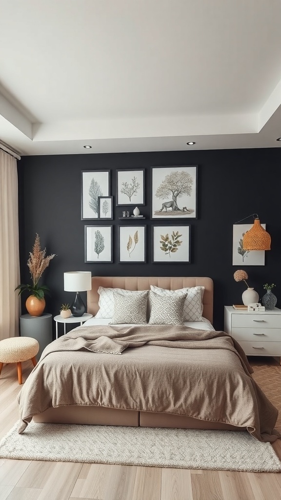 A cozy bedroom featuring a black accent wall with framed botanical art, neutral bedding, and warm lighting.